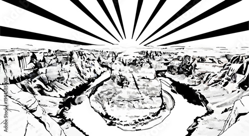 Dramatic, high-contrast black and white depiction of a vast canyon vista at sunrise
