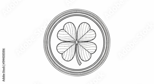 Detailed line art of a four-leaf clover within a circular border on white