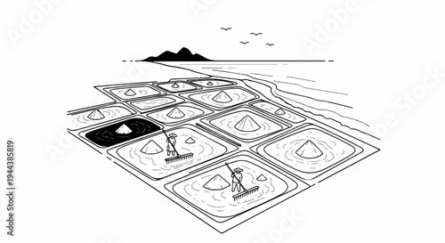 Coastal salt evaporation ponds with workers raking salt piles