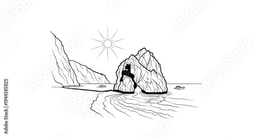 Dramatic coastal rock arch and cliffs under a stylized sun