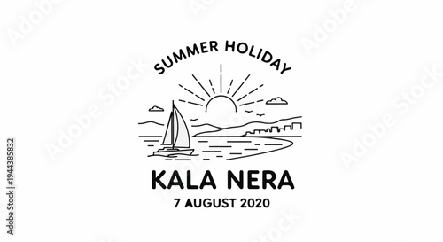 Coastal summer holiday scene with sailing boat, sunrise, and a town by the sea