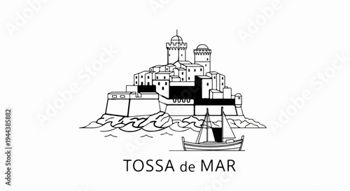 Coastal town with castle on cliff, sailboat on water, and stylized text