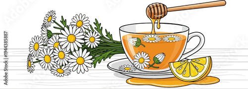 Cup of chamomile tea with honey, lemon, and a bouquet of daisies on wood