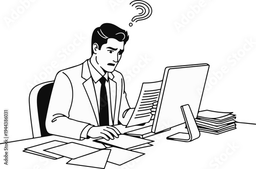 Confused man in suit looking at papers and computer screen