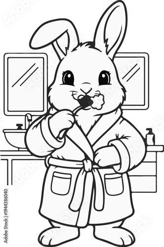 Cute bunny in robe brushing teeth in bathroom