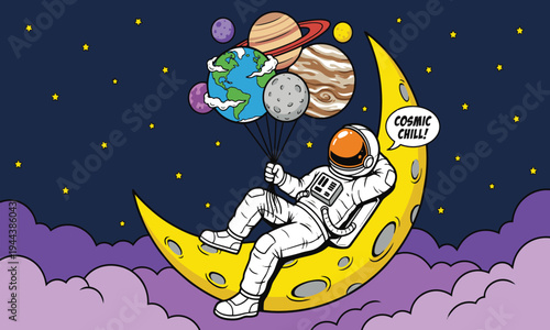 Astronaut Relaxing on Moon with Planet Balloons Vector