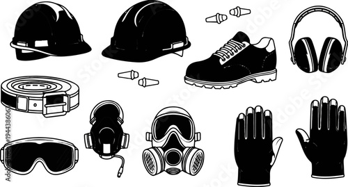 Collection of industrial safety equipment, including helmets, ear protection, and masks