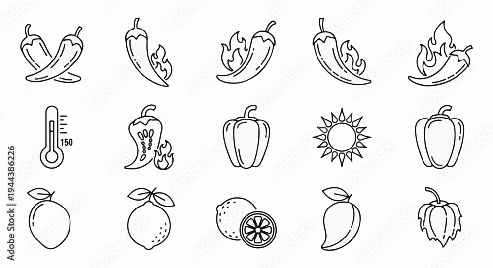 Fototapeta premium Collection of line art icons featuring spicy peppers, bell peppers, thermometer, sun, and fruits