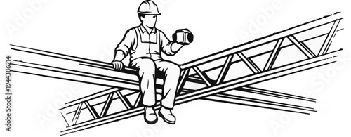 Construction worker sitting on crossed metal beams, holding tool
