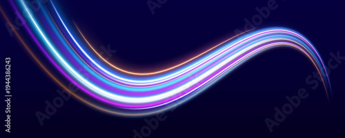 Digital neon lines stretch like a luminous road across the night, symbolizing connection and technology. Light particles travel along the path.