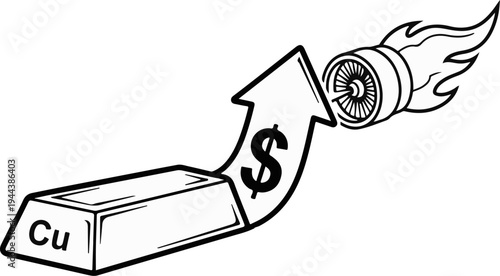 Copper ingot with upward arrow, dollar sign, and jet engine exhaust