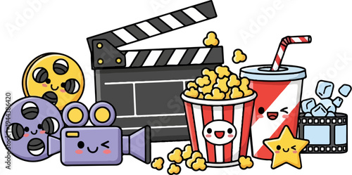 Cute movie night scene with animated popcorn, soda, camera, and film reels