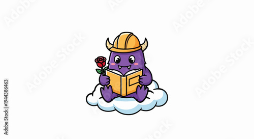 Cute purple monster wearing a hard hat, reading a book and holding a rose