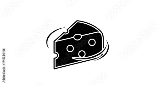Black and white icon of a cheese wedge with holes and swirling lines