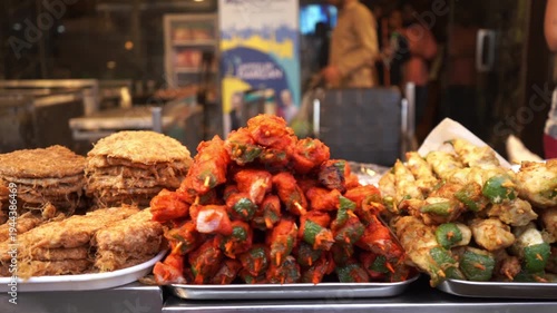 Indian street food stall with fried chicken snacks and rolls in Mumbai marketplace