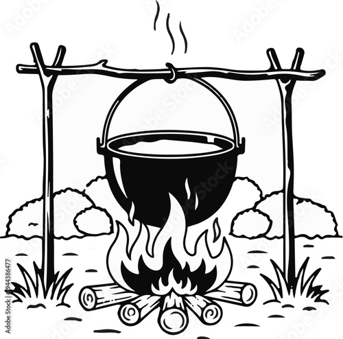 Campfire cooking pot hanging over a fire with steam rising, outdoors