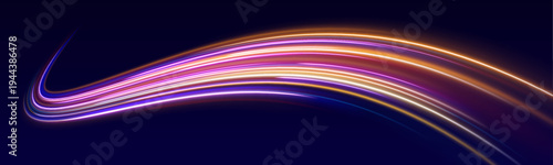 Curved light paths sweep across a futuristic background, leaving colorful glowing trails. The flowing shapes create a feeling of elegant motion.