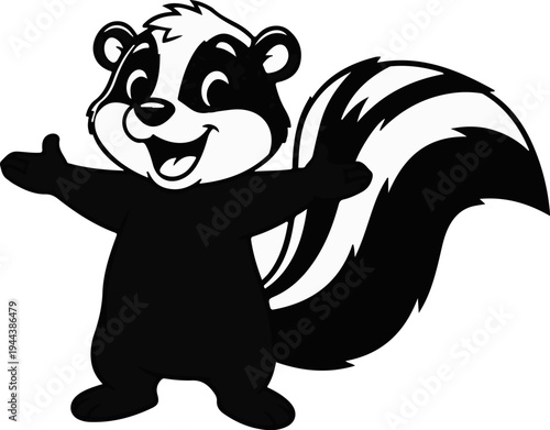 Cheerful cartoon skunk with open arms and bushy striped tail