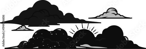 Dark clouds partially obscure a sun rising behind a mountain