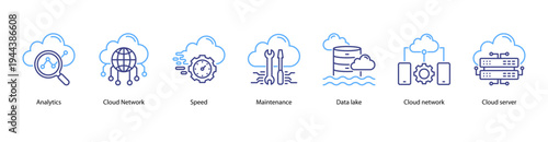 Cloud Infrastructure web banner icon vector illustration featuring Analytics, Cloud Network, Speed, Maintenance, Data Lake, Cloud Network, and Cloud Server.