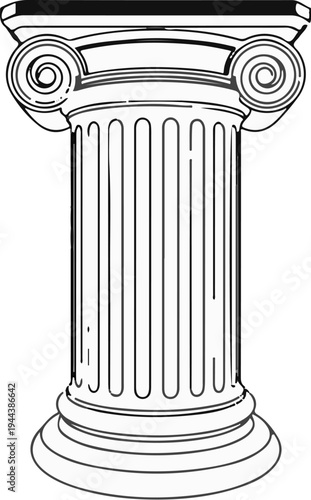 Detailed illustration of a fluted Ionic column with volutes on a circular base