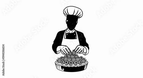 Chef decorating berry tart with hands