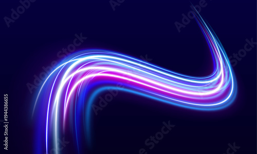 A glowing path of neon light stretches across the dark scene like a futuristic road. Floating sparks travel along the line.