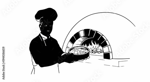 Chef holding pizza in front of a brick pizza oven with fire