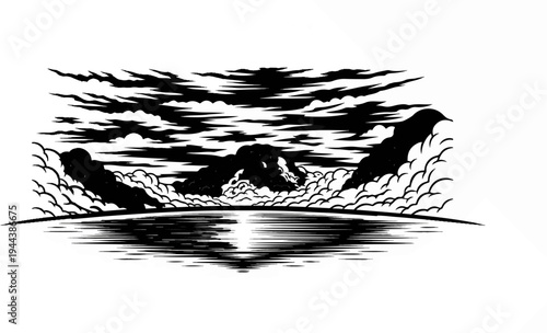 Dark, dramatic clouds over choppy water with reflections and silhouetted landforms