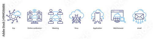 Digital Workspace web banner icon vector illustration featuring ERP, Online Conference, Meeting, Virus, Application, Web Browser, and Email.