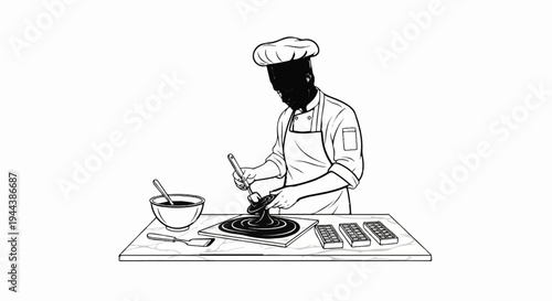 Chef pouring chocolate into mold on table with bowl, spoon, spatula and candy