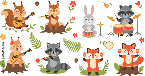 Musical Woodland Animals Set Featuring Squirrel, Rabbit, Raccoon, and Fox Playing Instruments in a Fun Band Performance