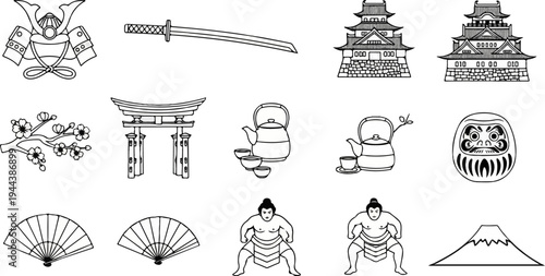 Collection of traditional Japanese cultural icons in a simple line drawing style