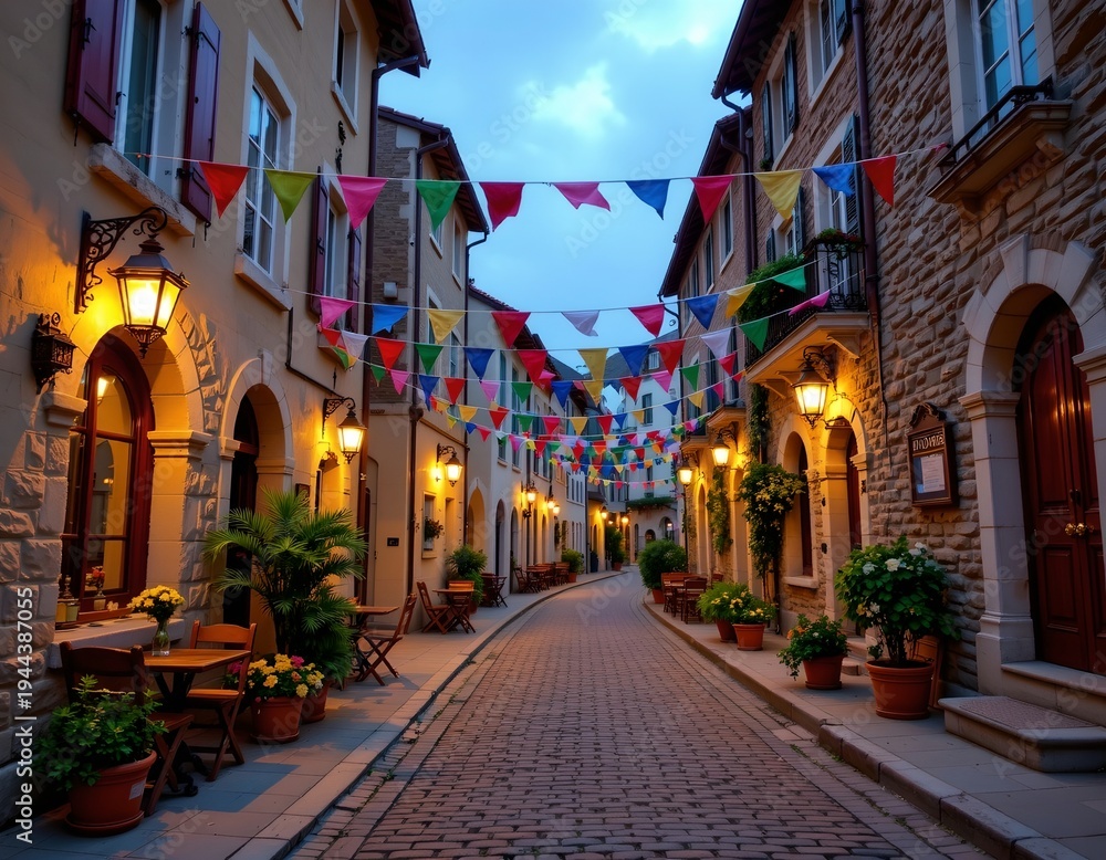 Fototapeta premium Charming Village Alleyway with Festive Lights and Colorful Flags