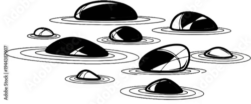 Collection of stylized black and white stones in rippling water