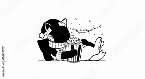 Cartoon cat in festive hat and mask enjoys popcorn with string lights
