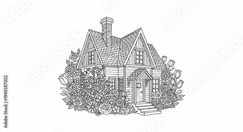 Charming cottage surrounded by a profusion of blooming flowers