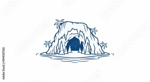Cartoon cave entrance on a small island with palm trees and choppy water