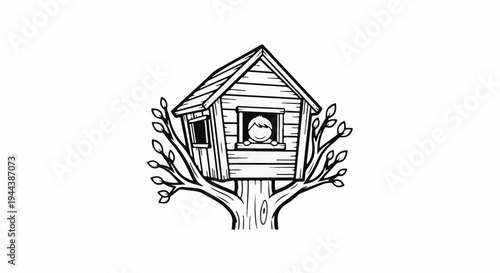 Child in a wooden treehouse looking out the window with branches around