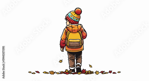Child in autumn attire with backpack, walking amidst fallen leaves