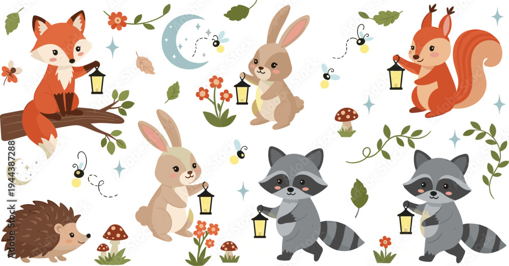 Naklejka premium Charming Nighttime Woodland Animals Set Featuring Fox, Rabbit, Squirrel, Raccoon, and Hedgehog with Lanterns under the Moon
