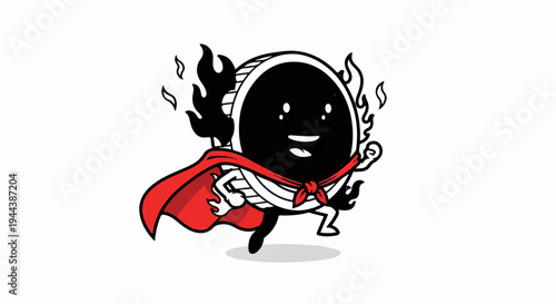 Cartoon coin character with red cape and fiery aura running heroically