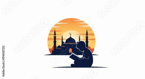Child reads book in front of silhouette mosque at sunset