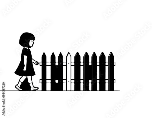 Child walks alongside a simple picket fence with some pickets missing