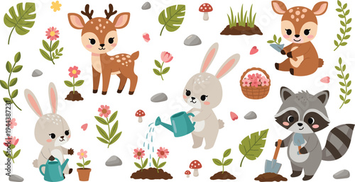 Adorable Springtime Woodland Animals Set Featuring Deer, Rabbit, and Raccoon Gardening and Planting Flowers in Nature