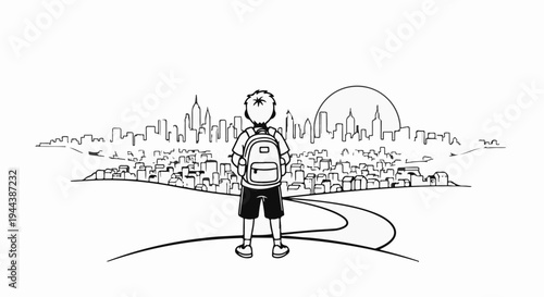 Child with backpack looks at a distant city skyline under a setting sun