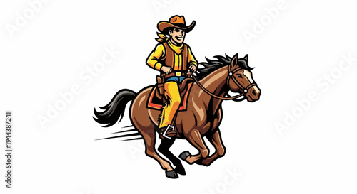 Cartoon cowboy rides brown horse fast across white background