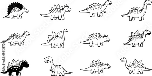 Cartoon dinosaurs, mostly stegosaurus-like, in a grid