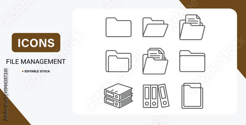 Set of outline folder icons with documents for file management and data organization vector.