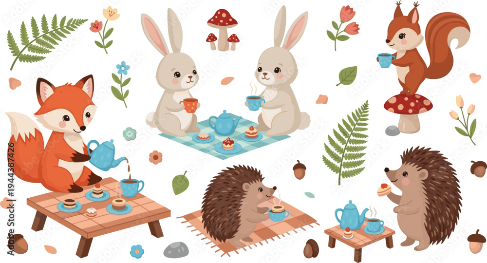 Obraz premium Whimsical Woodland Animals Tea Party Set Featuring Fox, Rabbit, Squirrel, and Hedgehog Enjoying Tea and Sweets in Nature
